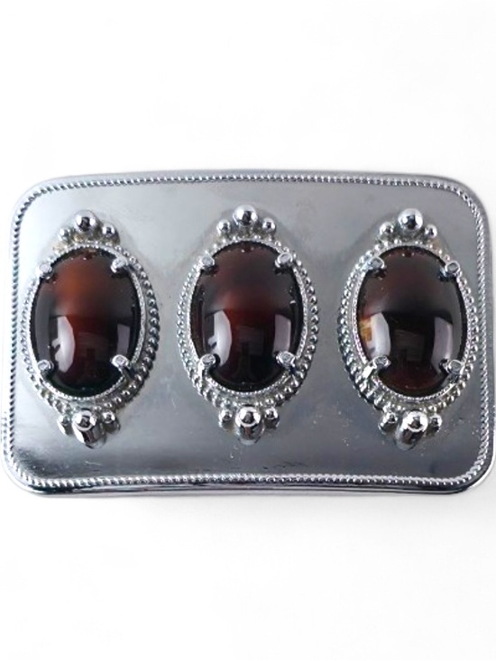 Other - Vintage Western Triple Stone Silver Tone Belt Buckle - Faux Tiger's Eye